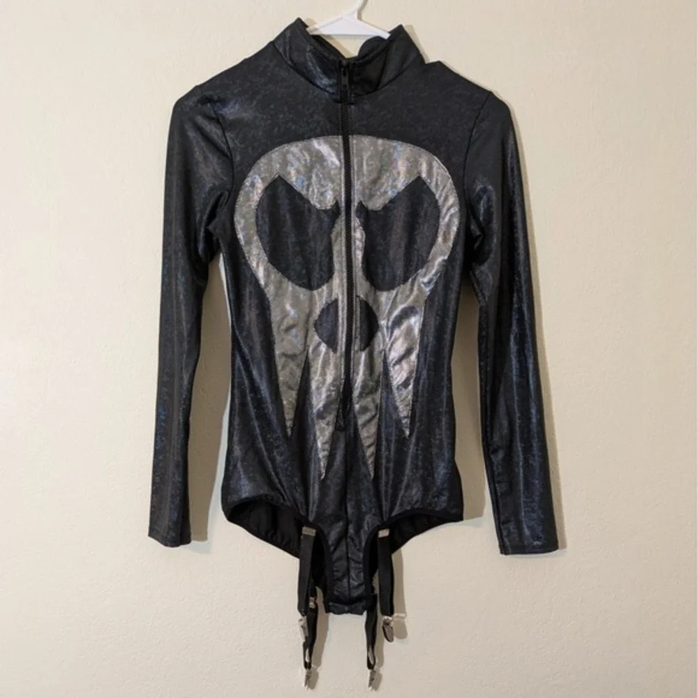New Leg Avenue Skull Garter Bodysuit Shimmer Iridescent Black Hustler Sz S 86679